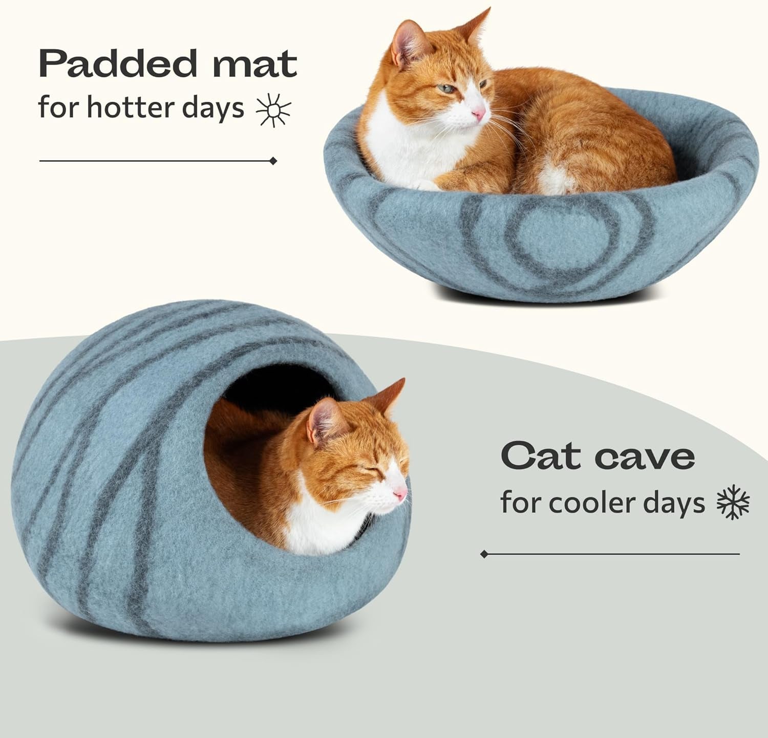 Cat Cave – Premium Felt Cat Bed for Indoor Cats, Handmade 100% Merino Wool (Light Shades)