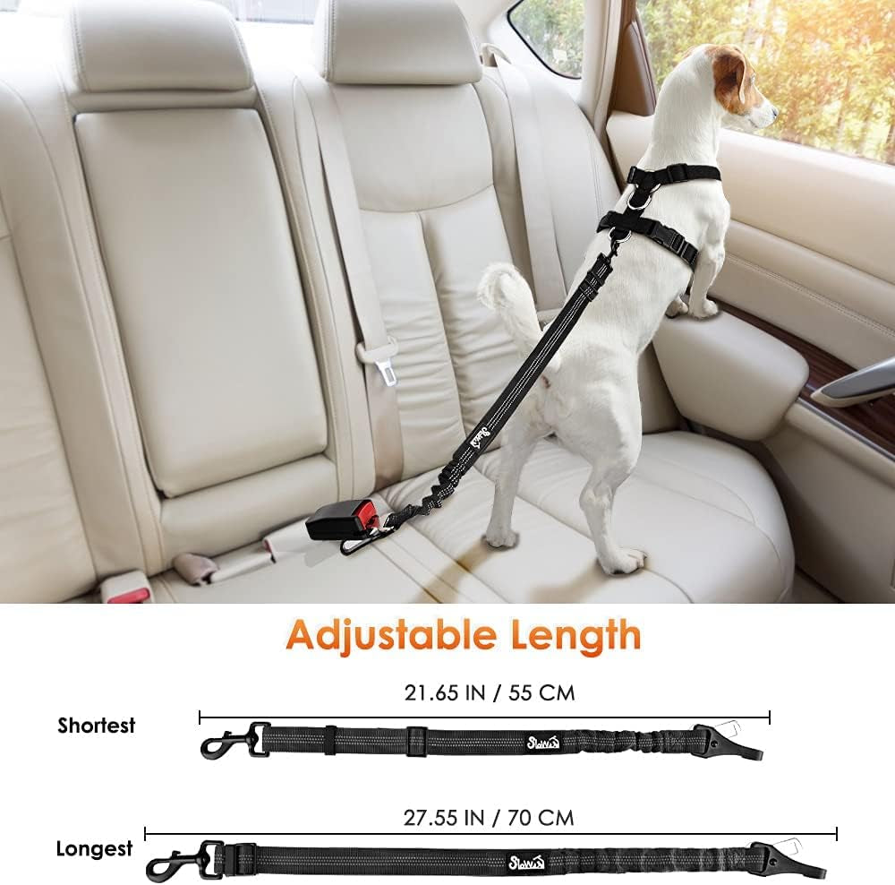 Dog Seat Belt, Adjustable Dog Safety Belt Leash, 2 in 1 Latch Bar Attachment Dog Car Seatbelt with Elastic Nylon Bungee Buffer, Reflective Nylon Belt Tether Connect to Dog Harness (Black)