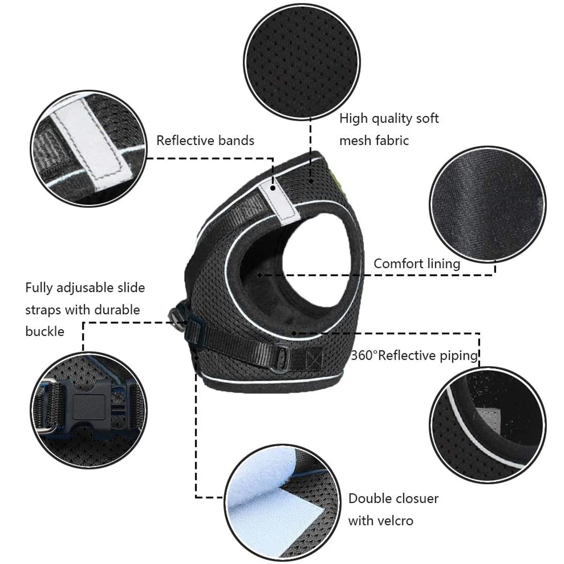 Soft Mesh Pet Dog Harness and Leash Set, No-Pull Pet Harness Adjustable Reflective Breathable Mesh for Small Medium Dogs and Cats (Black, Size S)