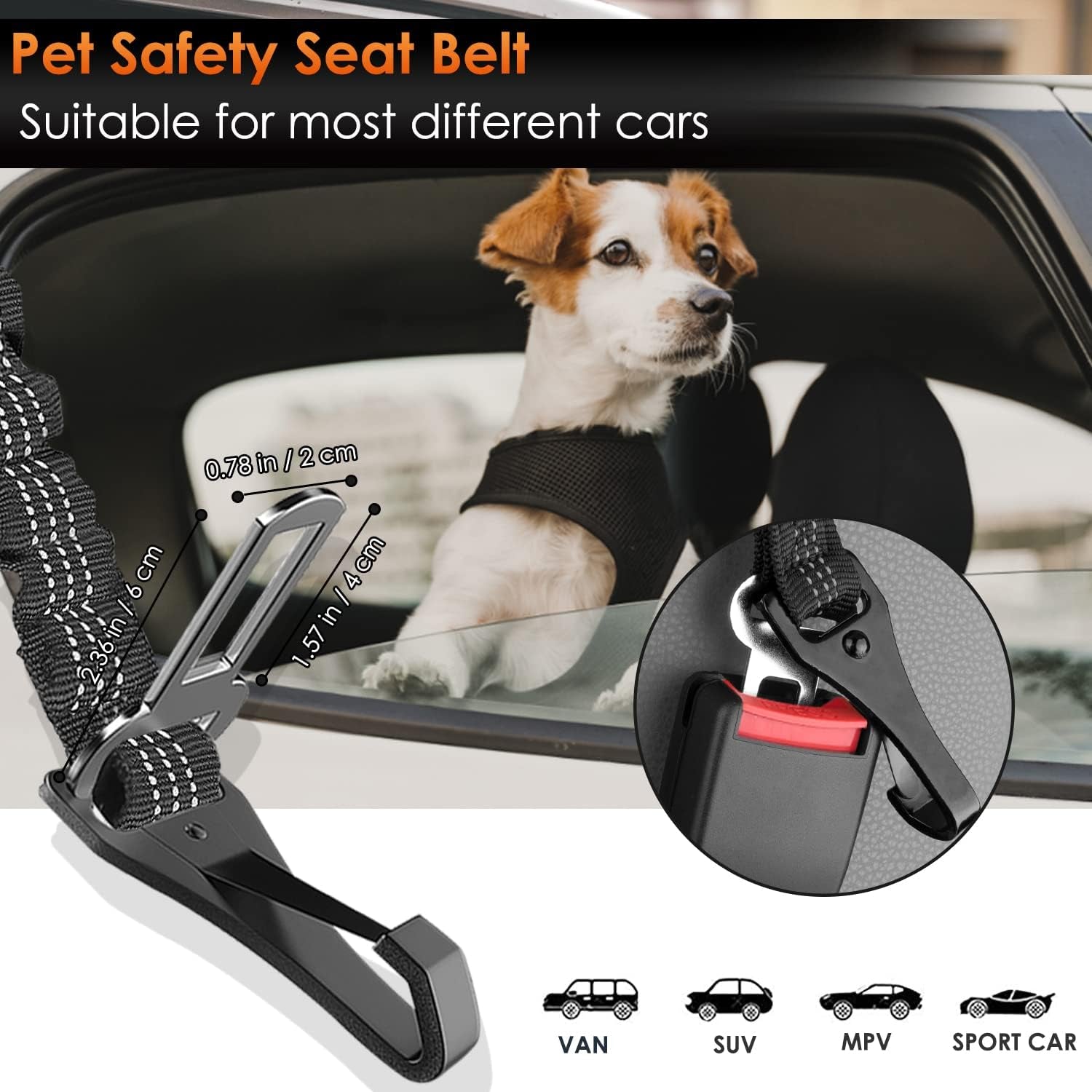 Dog Seat Belt, Adjustable Dog Safety Belt Leash, 2 in 1 Latch Bar Attachment Dog Car Seatbelt with Elastic Nylon Bungee Buffer, Reflective Nylon Belt Tether Connect to Dog Harness (Black)