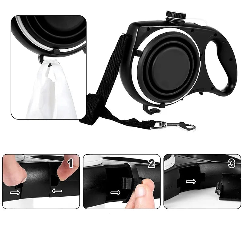 Multifunction Pet Dog Leash with Builtin Water Bottle Bowl Waste Bag Dispenser for Outdoor Walking Traction Rope Pet Accessories