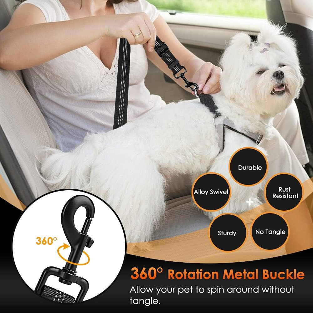 Dog Seat Belt, Adjustable Dog Safety Belt Leash, 2 in 1 Latch Bar Attachment Dog Car Seatbelt with Elastic Nylon Bungee Buffer, Reflective Nylon Belt Tether Connect to Dog Harness (Black)