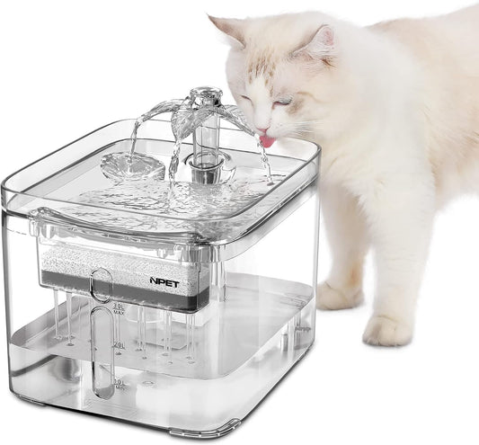 Cat Water Fountain, 3L Automatic Pet Drinking Fountain Dog Water Dispenser with Quadruple-Action Filter (Polycarbonate (PC), Clear)