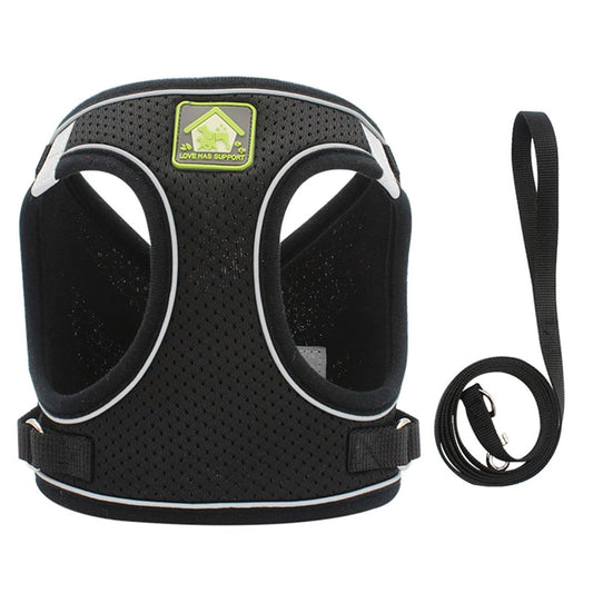 Soft Mesh Pet Dog Harness and Leash Set, No-Pull Pet Harness Adjustable Reflective Breathable Mesh for Small Medium Dogs and Cats (Black, Size S)