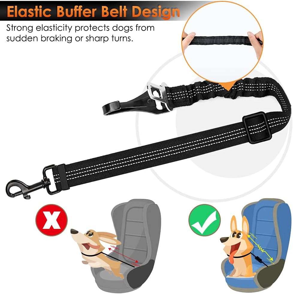 Dog Seat Belt, Adjustable Dog Safety Belt Leash, 2 in 1 Latch Bar Attachment Dog Car Seatbelt with Elastic Nylon Bungee Buffer, Reflective Nylon Belt Tether Connect to Dog Harness (Black)
