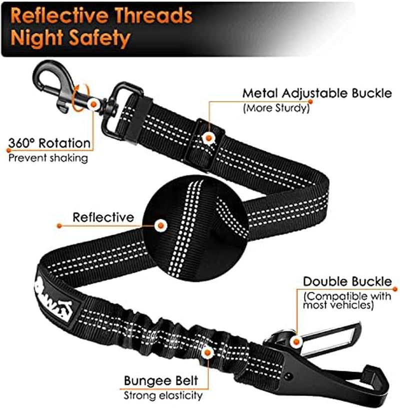 Dog Seat Belt, Adjustable Dog Safety Belt Leash, 2 in 1 Latch Bar Attachment Dog Car Seatbelt with Elastic Nylon Bungee Buffer, Reflective Nylon Belt Tether Connect to Dog Harness (Black)